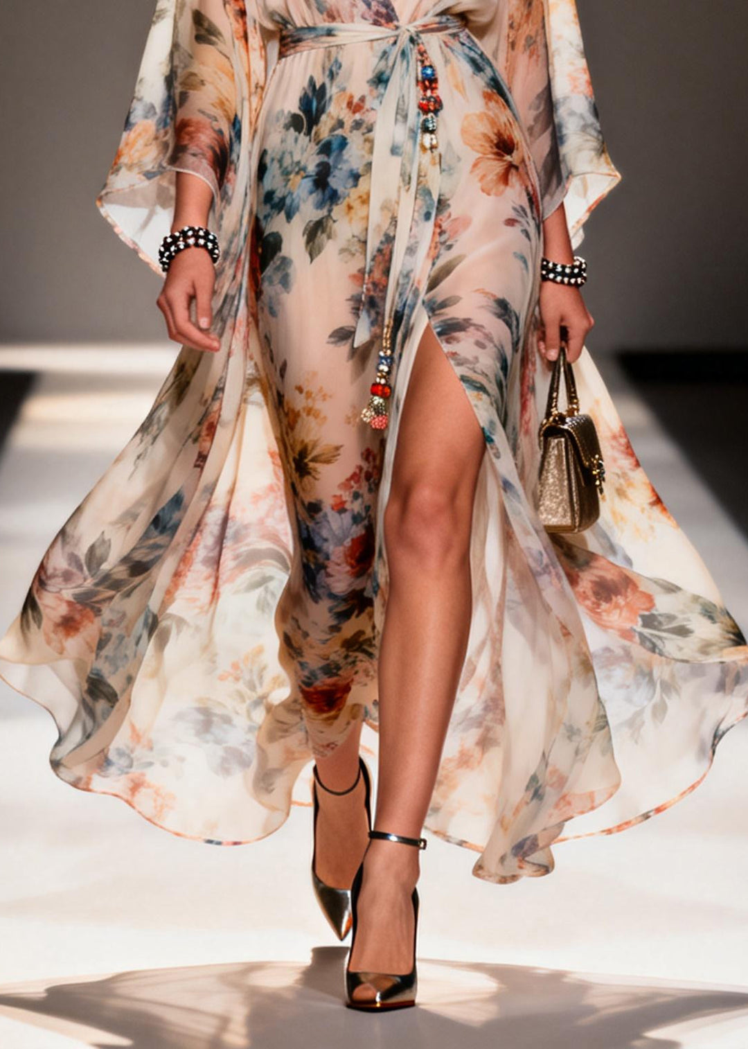 Modern Apricot Print Side Open Chiffon Tunic Dress Summer