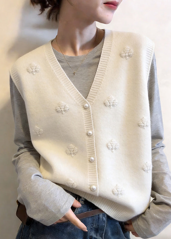 Modern Apricot V Neck Floral Button Cotton Knit Waistcoat Sleeveless