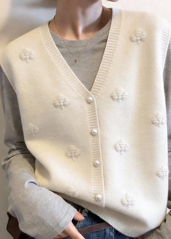 Modern Apricot V Neck Floral Button Cotton Knit Waistcoat Sleeveless