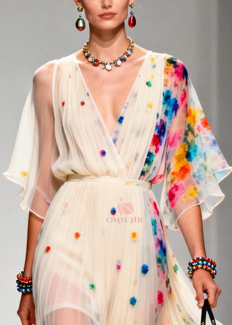 Modern Apricot V Neck Patchwork Chiffon Ankle Dress Summer