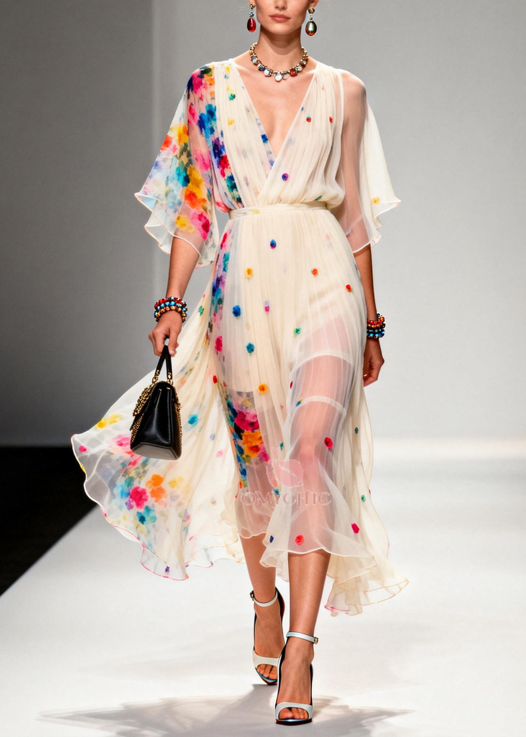 Modern Apricot V Neck Patchwork Chiffon Ankle Dress Summer