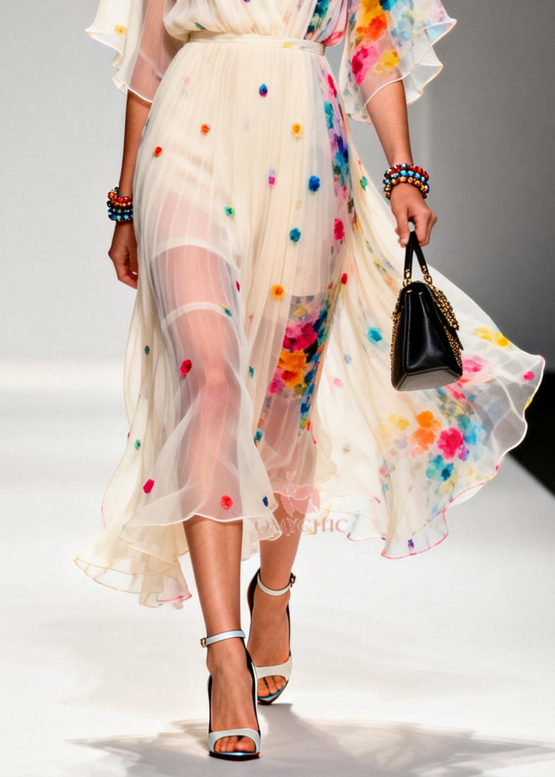 Modern Apricot V Neck Patchwork Chiffon Ankle Dress Summer