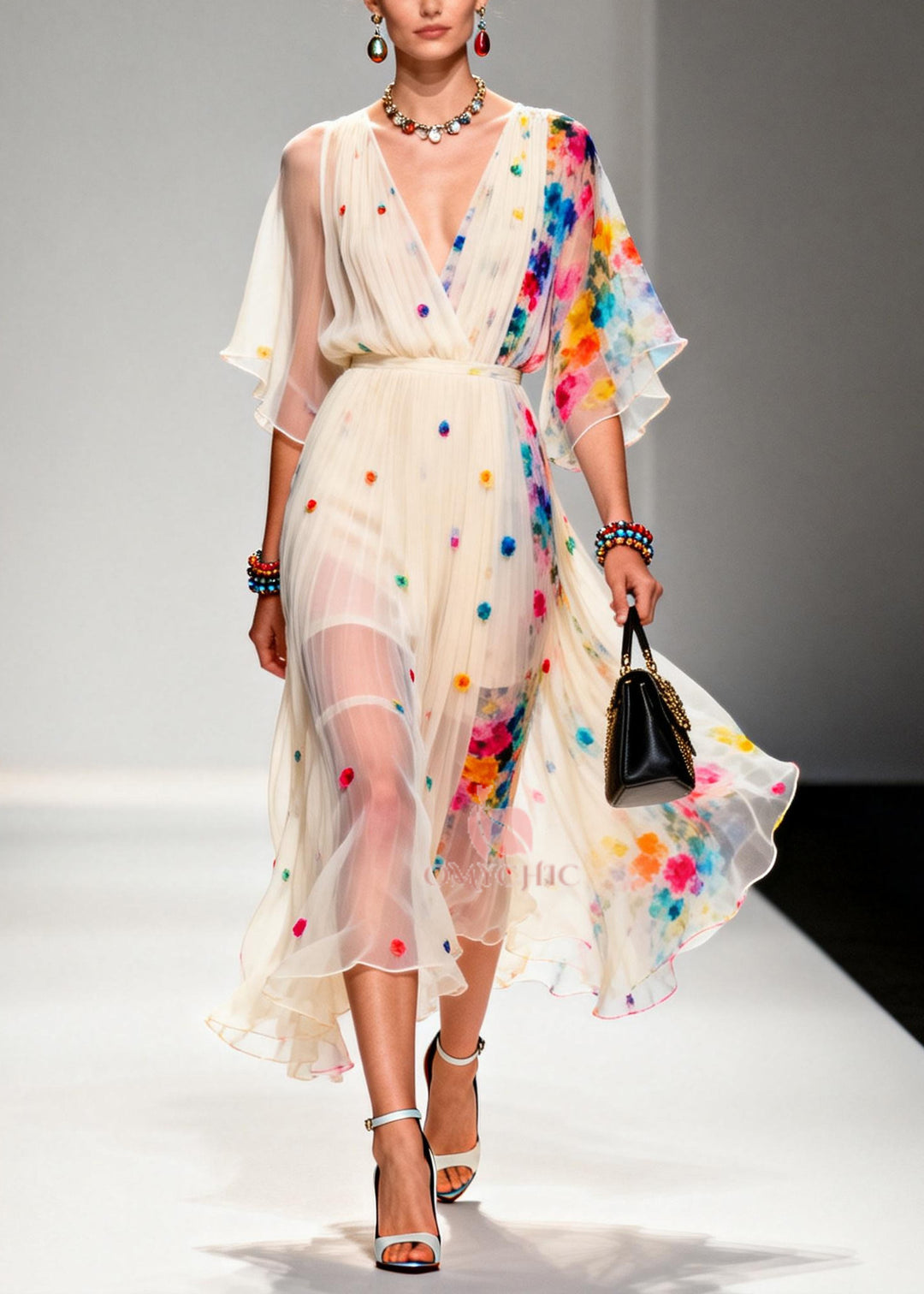 Modern Apricot V Neck Patchwork Chiffon Ankle Dress Summer