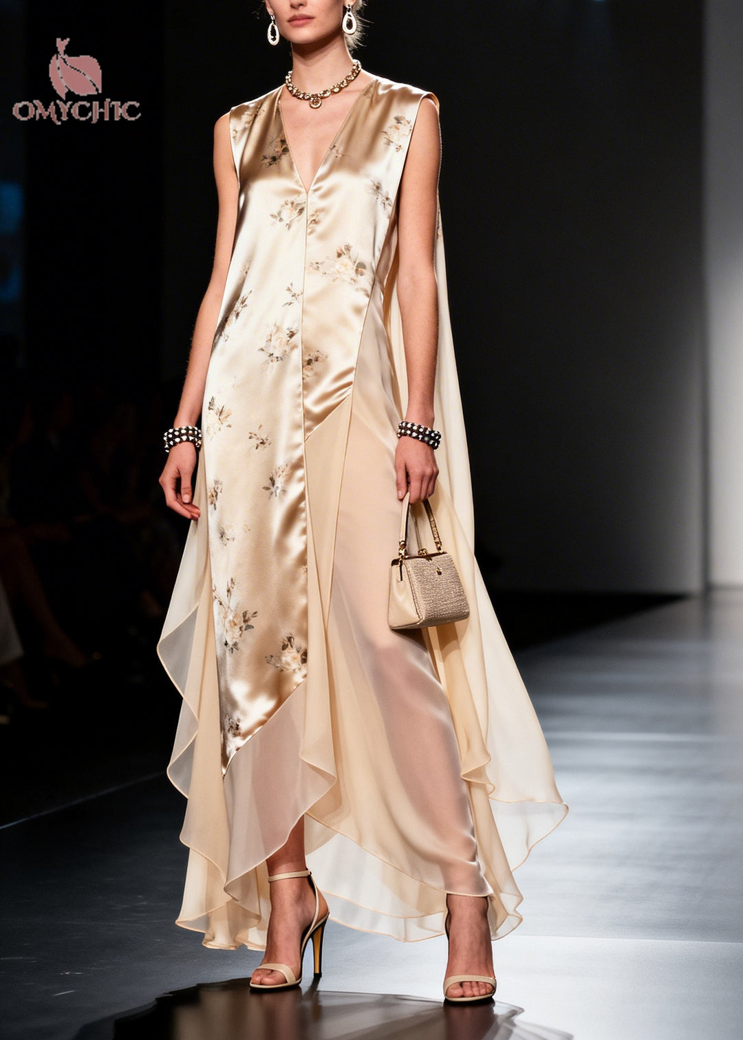 Modern Beige Asymmetrical Patchwork Chiffon Maxi Dresses Sleeveless