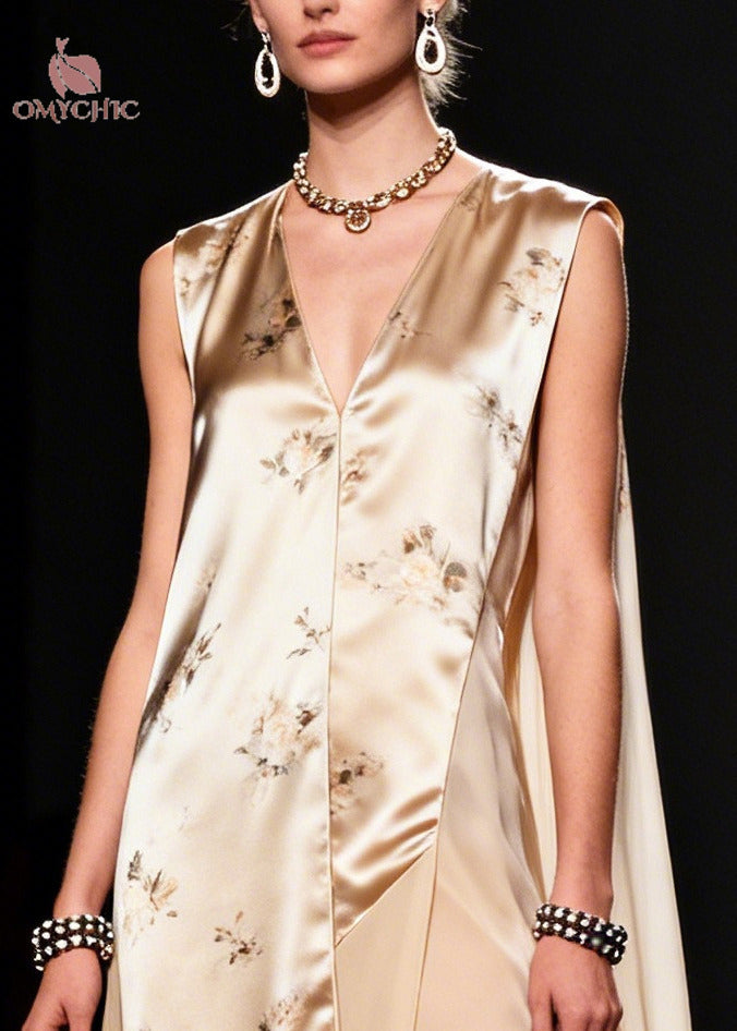 Modern Beige Asymmetrical Patchwork Chiffon Maxi Dresses Sleeveless
