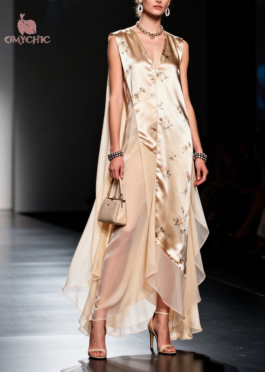 Modern Beige Asymmetrical Patchwork Chiffon Maxi Dresses Sleeveless