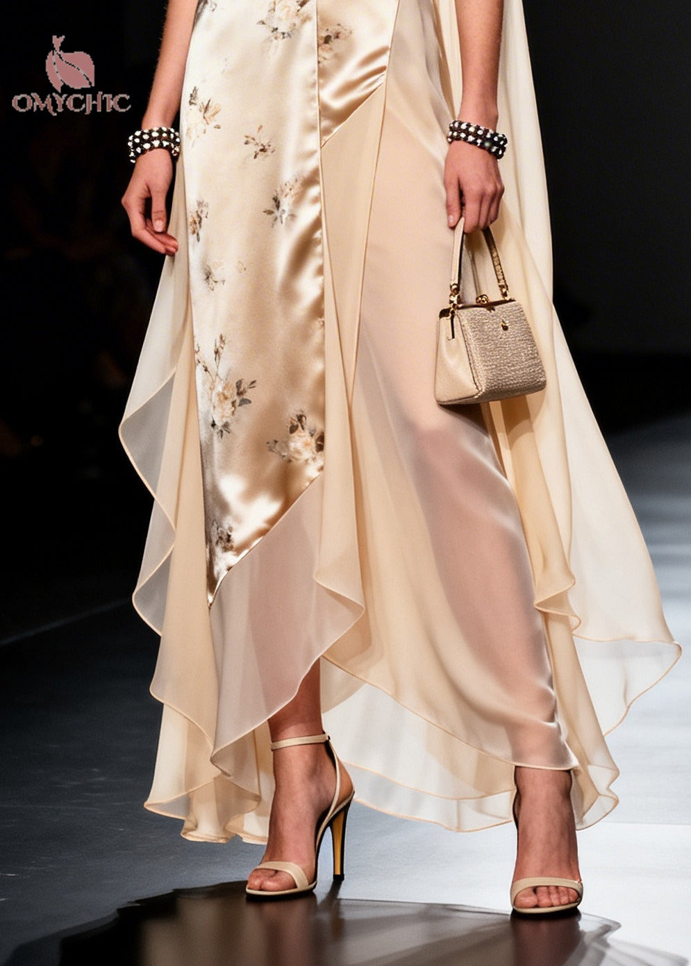 Modern Beige Asymmetrical Patchwork Chiffon Maxi Dresses Sleeveless