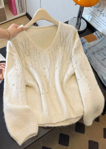 Modern Beige Oversized Nail Bead Knit Short Sweater Winter