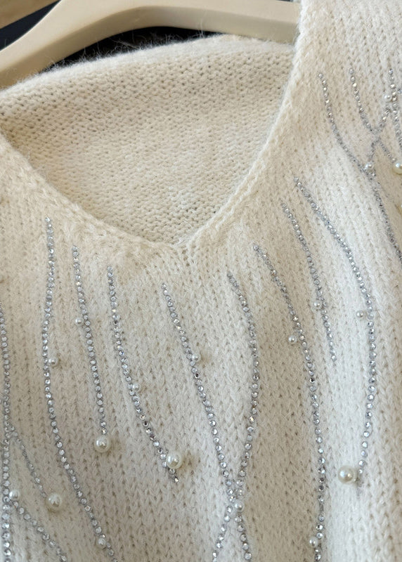 Modern Beige Oversized Nail Bead Knit Short Sweater Winter