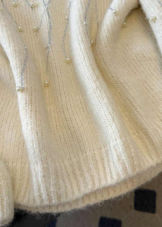 Modern Beige Oversized Nail Bead Knit Short Sweater Winter