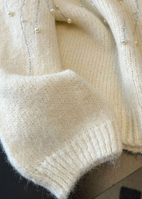 Modern Beige Oversized Nail Bead Knit Short Sweater Winter