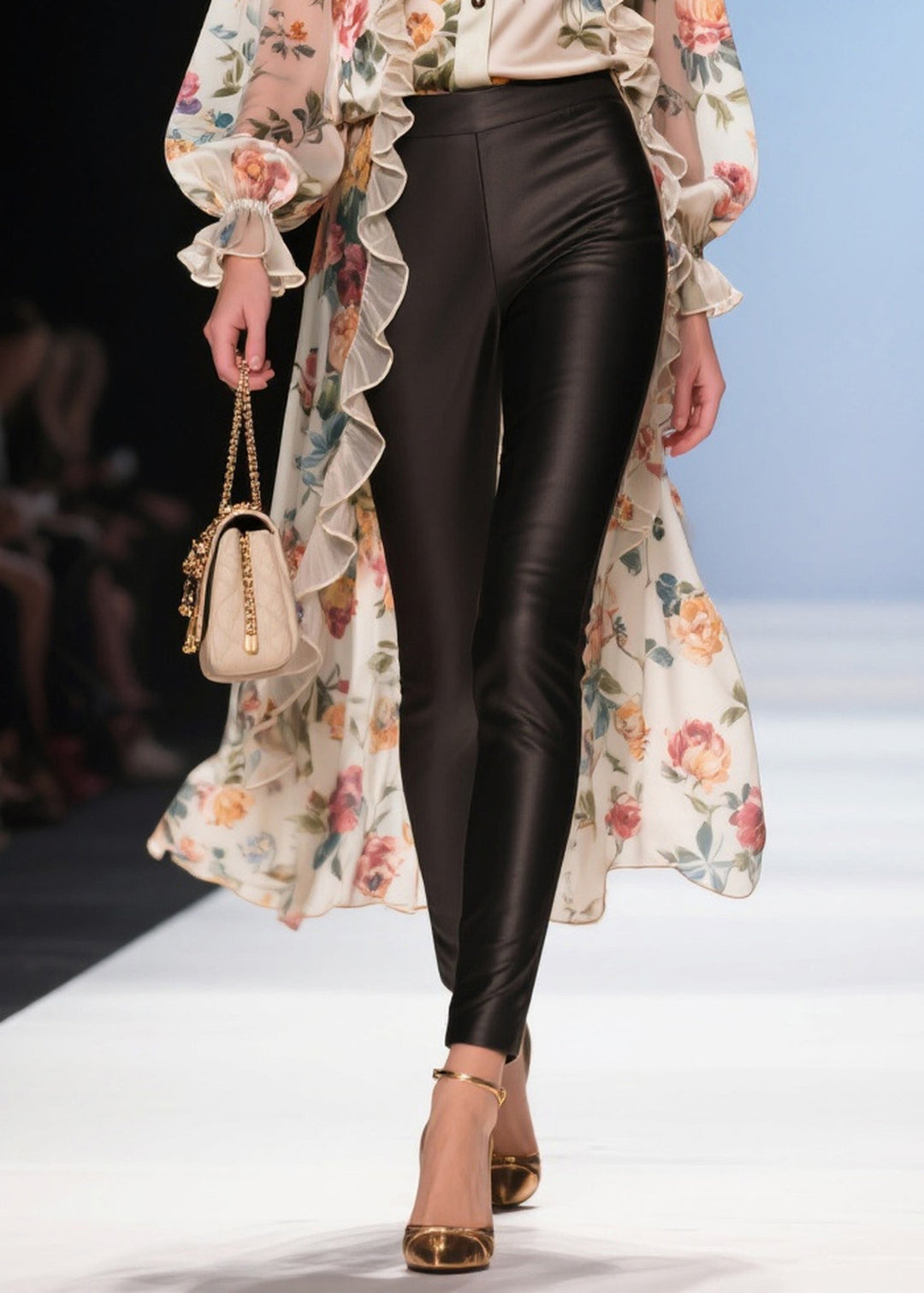 Modern Beige Ruffled Low High Design Print Chiffon Long Blouse Summer