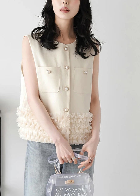 Modern Beige Ruffled Patchwork Cotton Vest Top Sleeveless