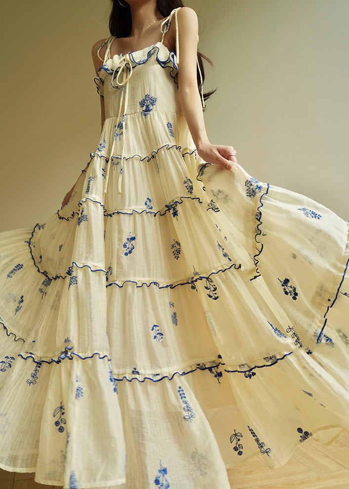 Modern Beige Ruffled Print Silk Long Dresses Sleeveless