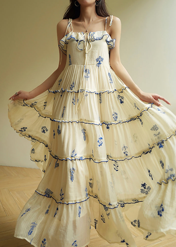 Modern Beige Ruffled Print Silk Long Dresses Sleeveless