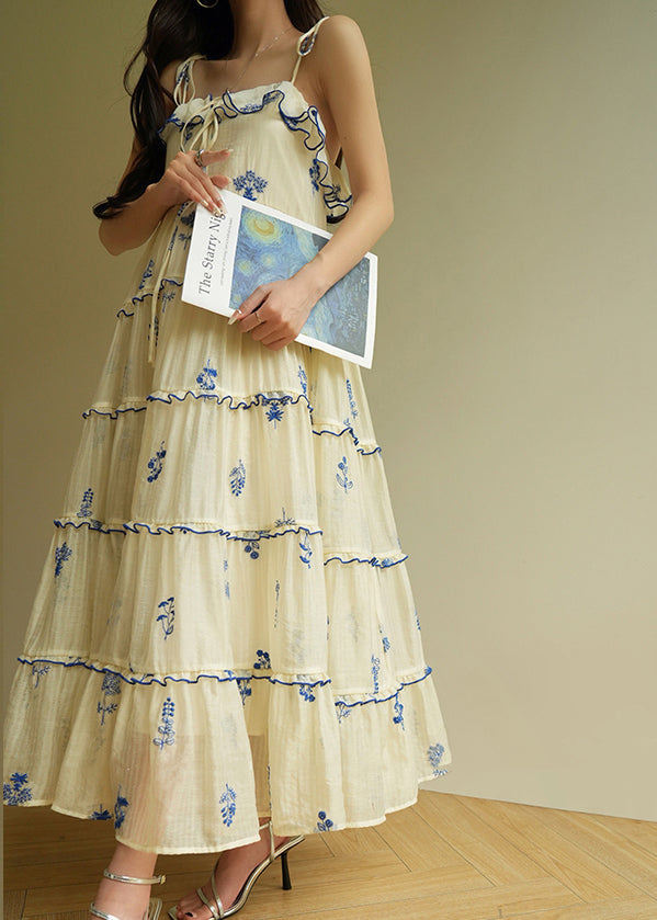 Modern Beige Ruffled Print Silk Long Dresses Sleeveless
