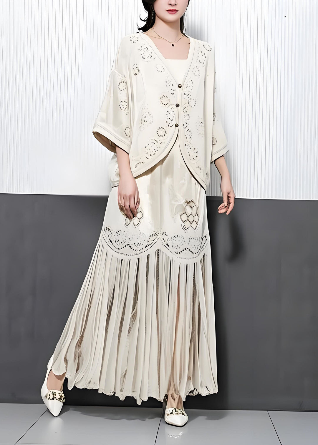 Modern Beige Tasseled Hollow Out Embroidered Cotton Two Pieces Set Summer