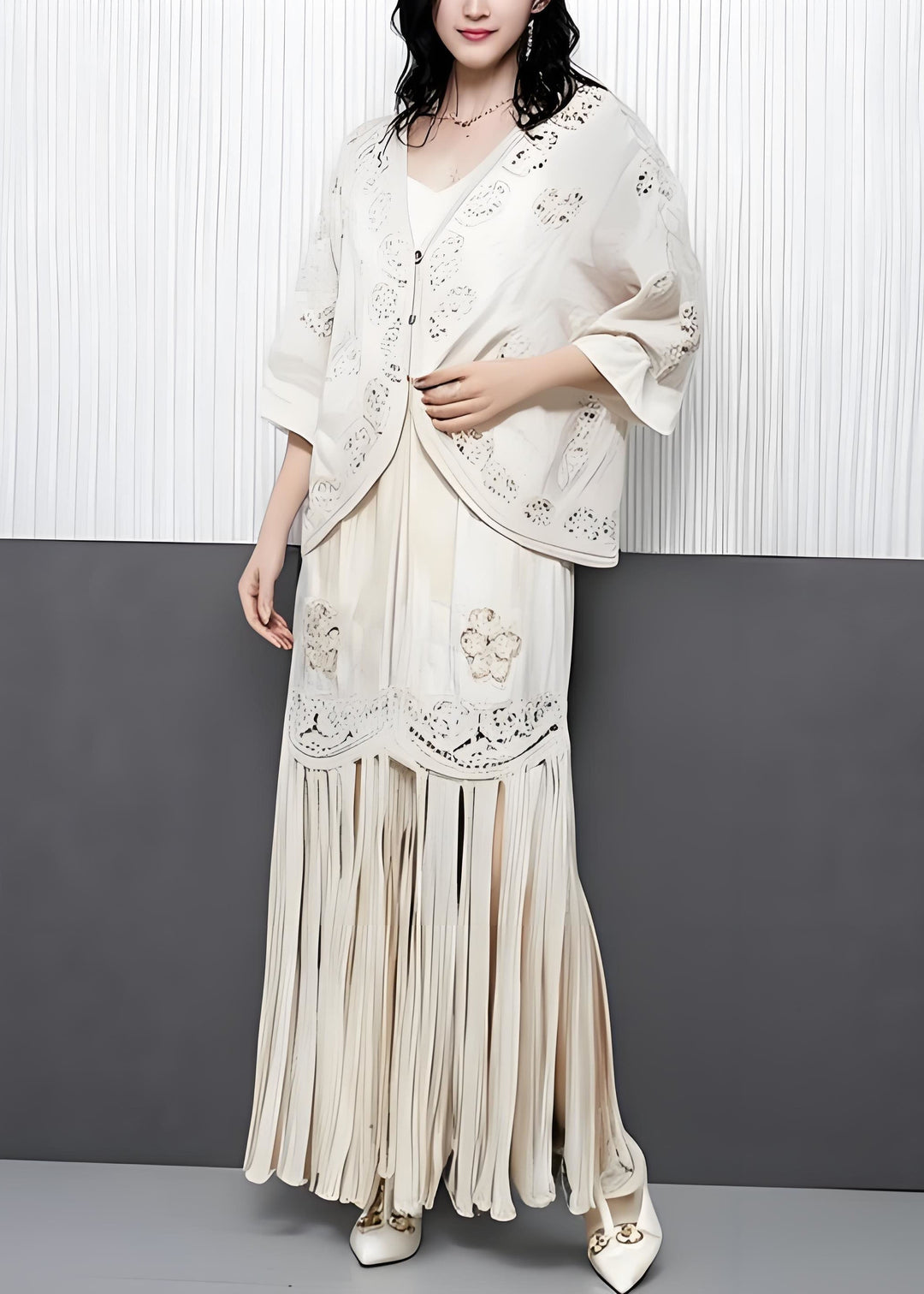 Modern Beige Tasseled Hollow Out Embroidered Cotton Two Pieces Set Summer