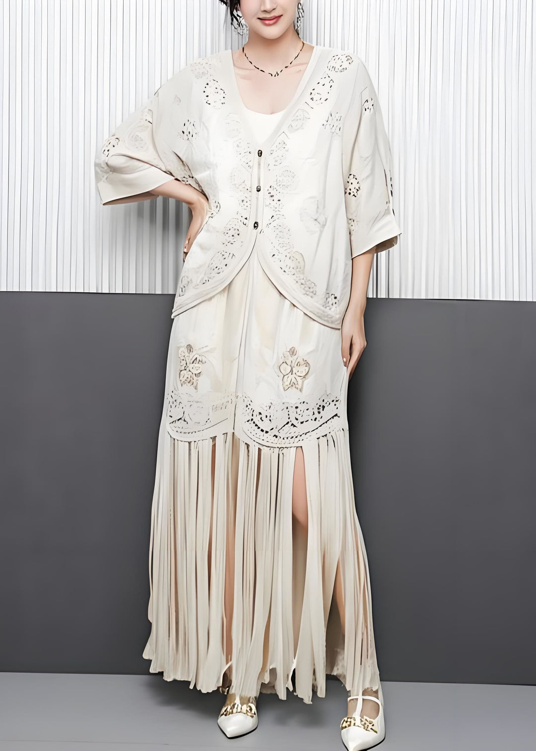 Modern Beige Tasseled Hollow Out Embroidered Cotton Two Pieces Set Summer