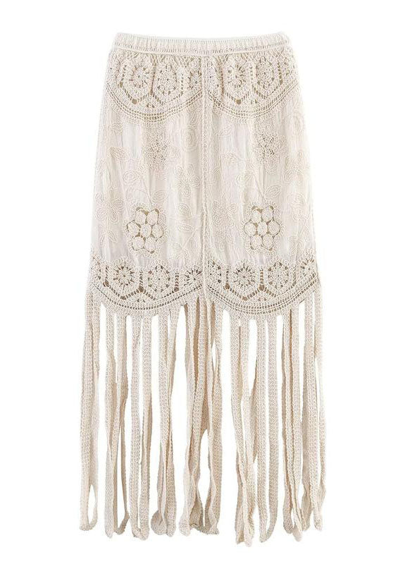 Modern Beige Tasseled Hollow Out Embroidered Cotton Two Pieces Set Summer