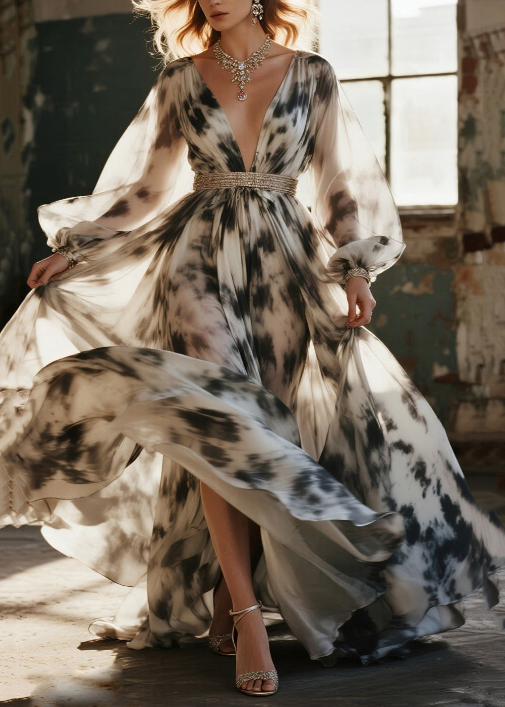 Modern Beige Tie Dye Exra Large Hem Chiffon Party Dress Spring