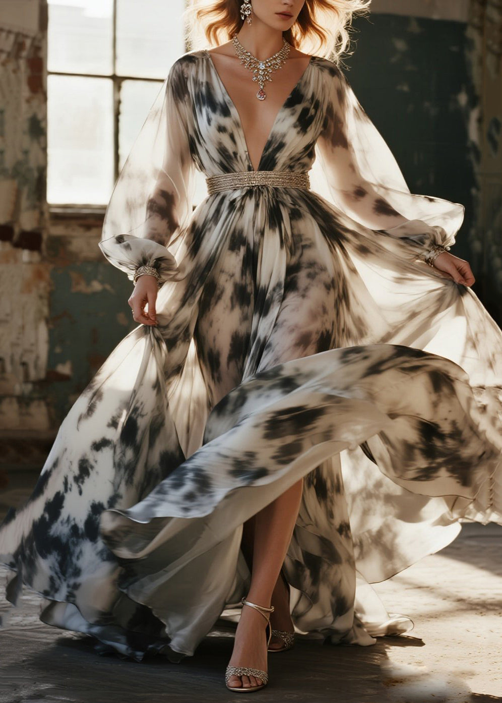 Modern Beige Tie Dye Exra Large Hem Chiffon Party Dress Spring