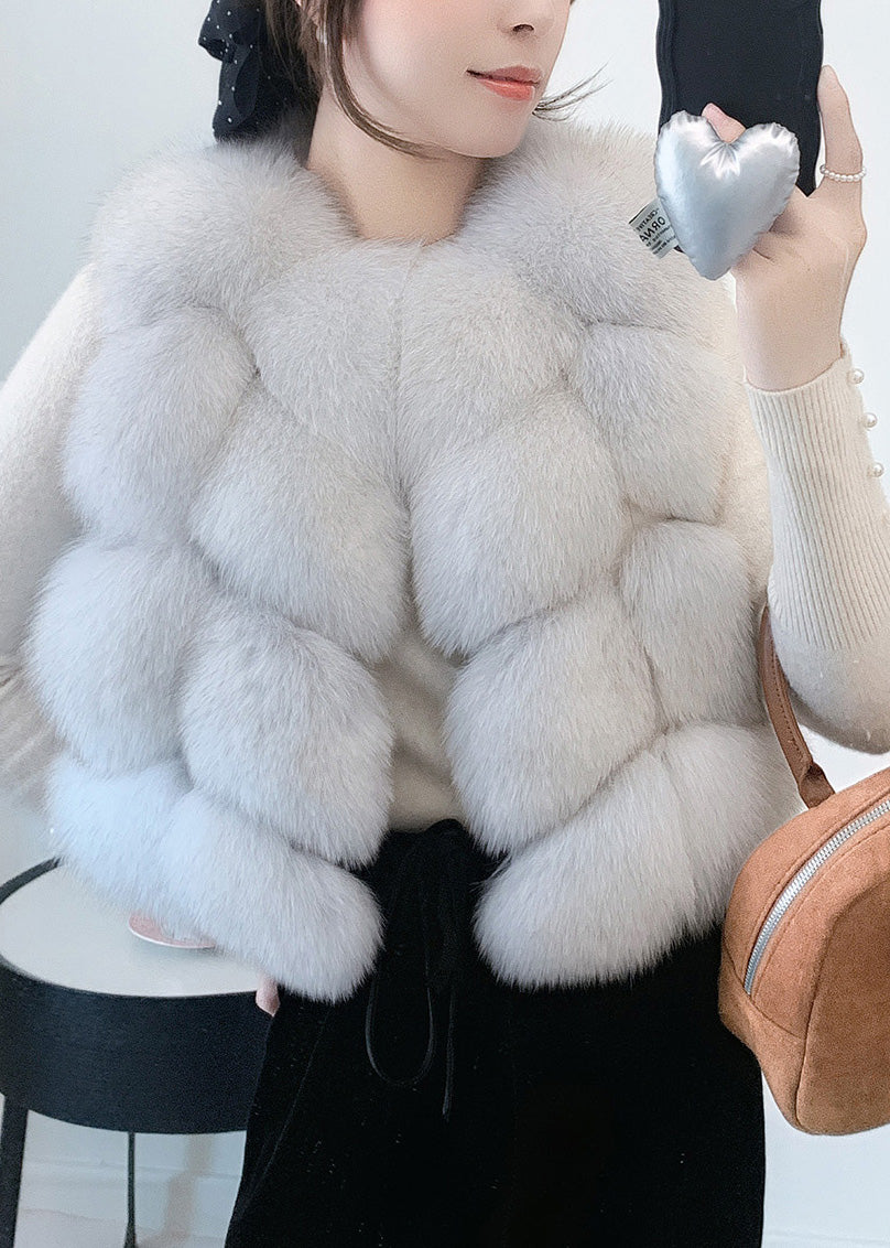 Modern Beige V Neck Patchwork Leather And Fur Waistcoat Winter