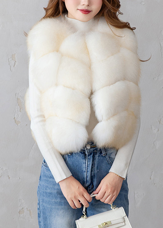 Modern Beige V Neck Patchwork Leather And Fur Waistcoat Winter