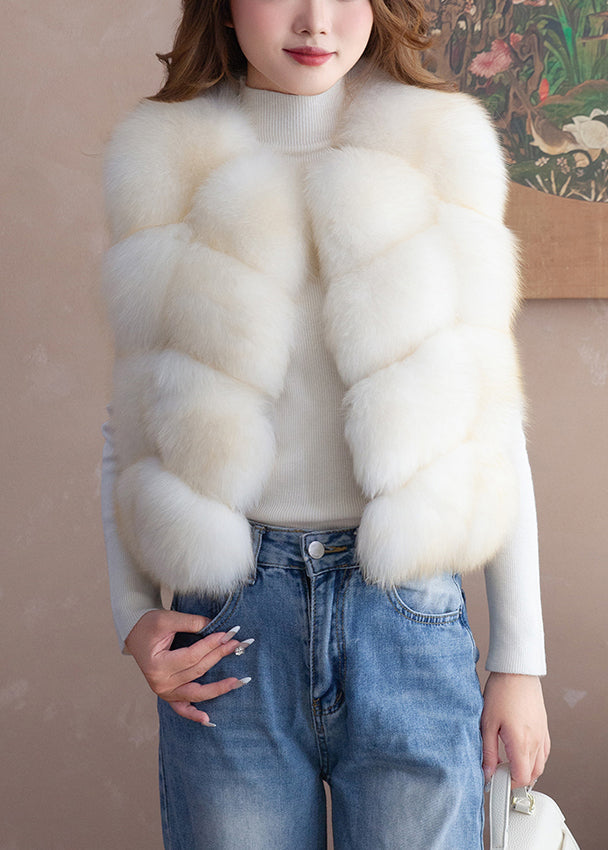 Modern Beige V Neck Patchwork Leather And Fur Waistcoat Winter