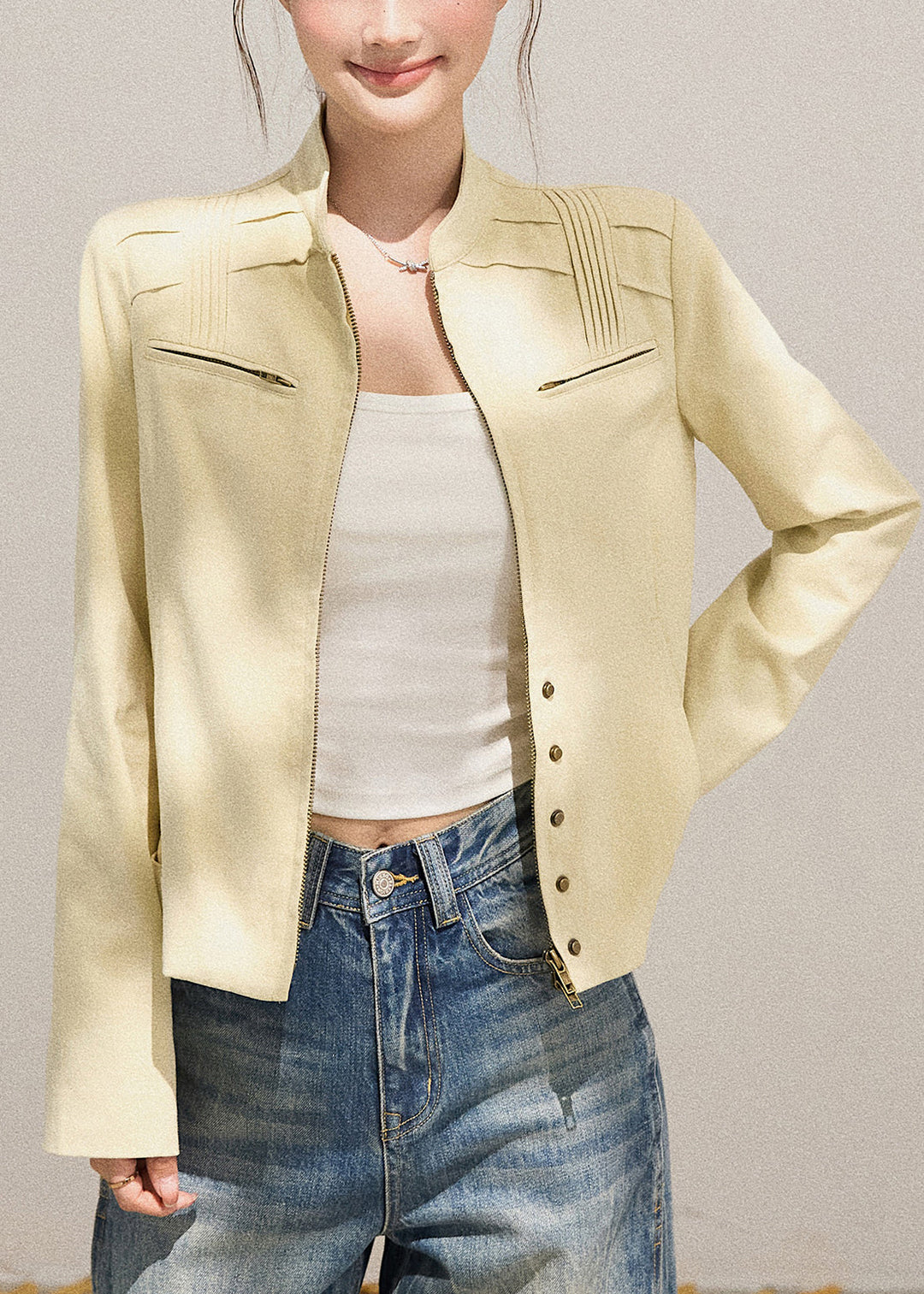 Modern Beige Zippered Wrinkled Cotton Jacket Fall