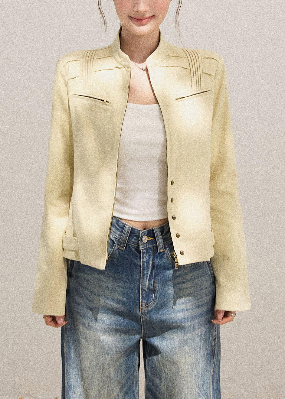 Modern Beige Zippered Wrinkled Cotton Jacket Fall