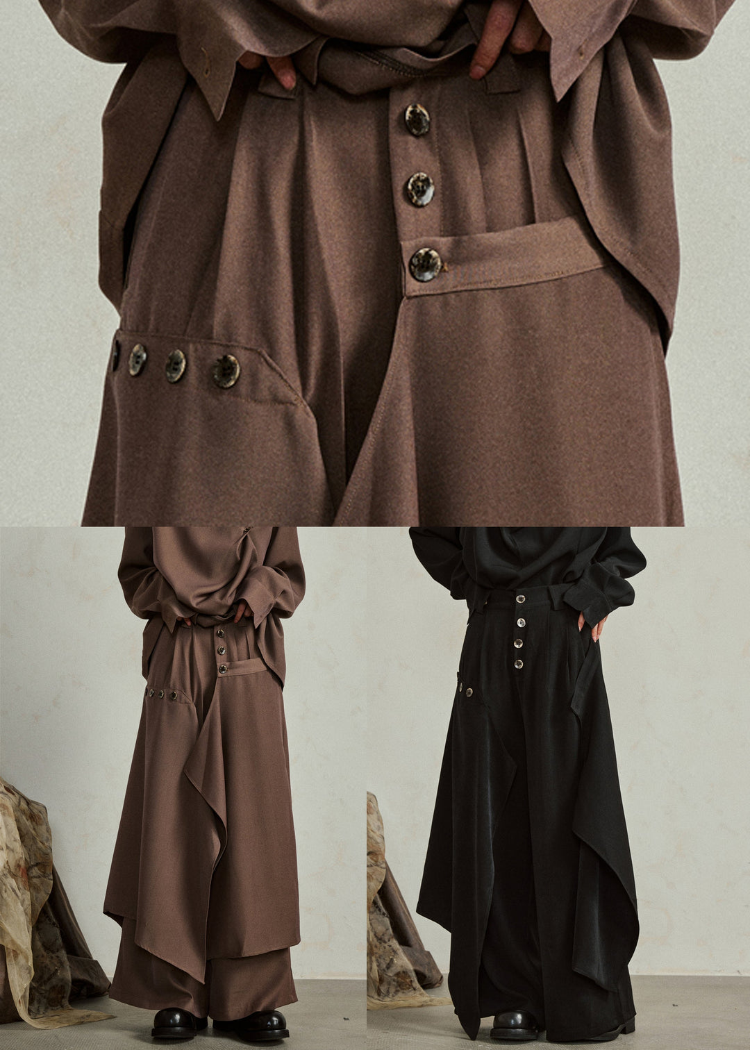 Modern Black Asymmetrical Button Pockets Cotton Pants Fall