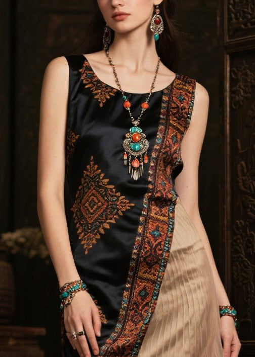 Modern Black Asymmetrical Patchwork Print Silk Robe Dresses Sleeveless