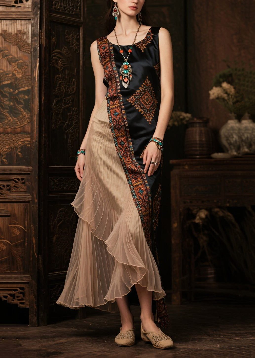 Modern Black Asymmetrical Patchwork Print Silk Robe Dresses Sleeveless