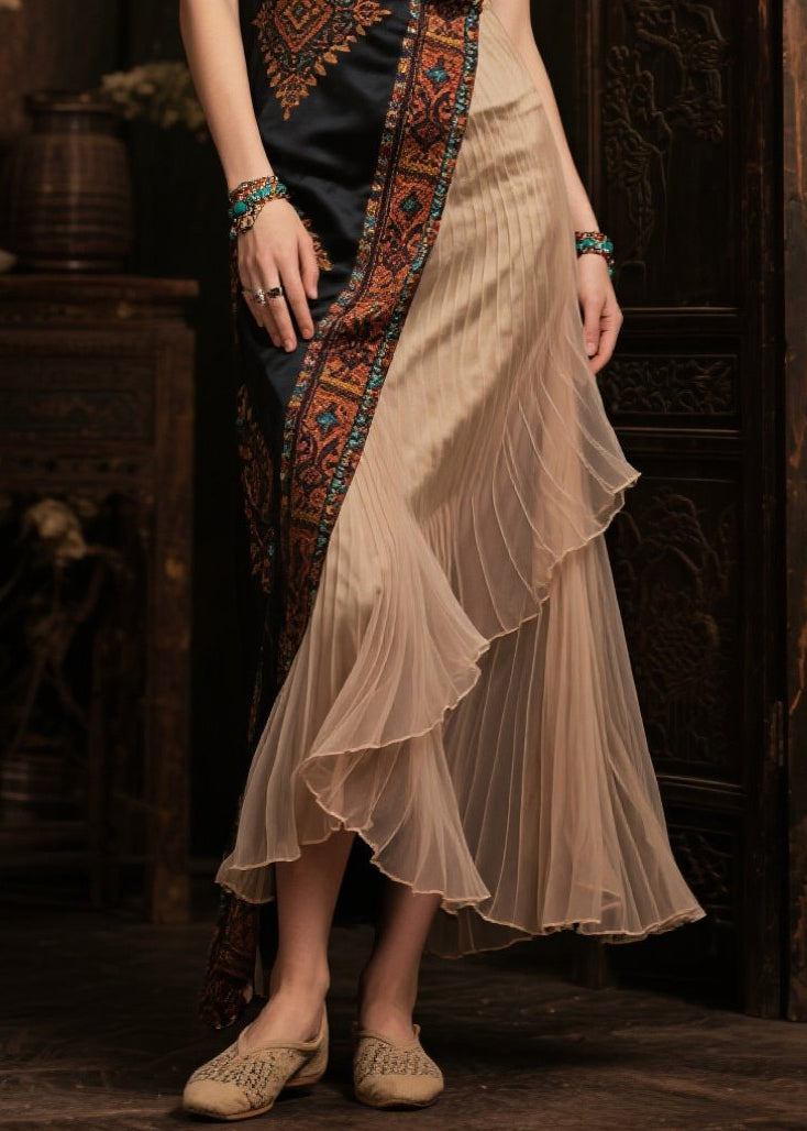 Modern Black Asymmetrical Patchwork Print Silk Robe Dresses Sleeveless
