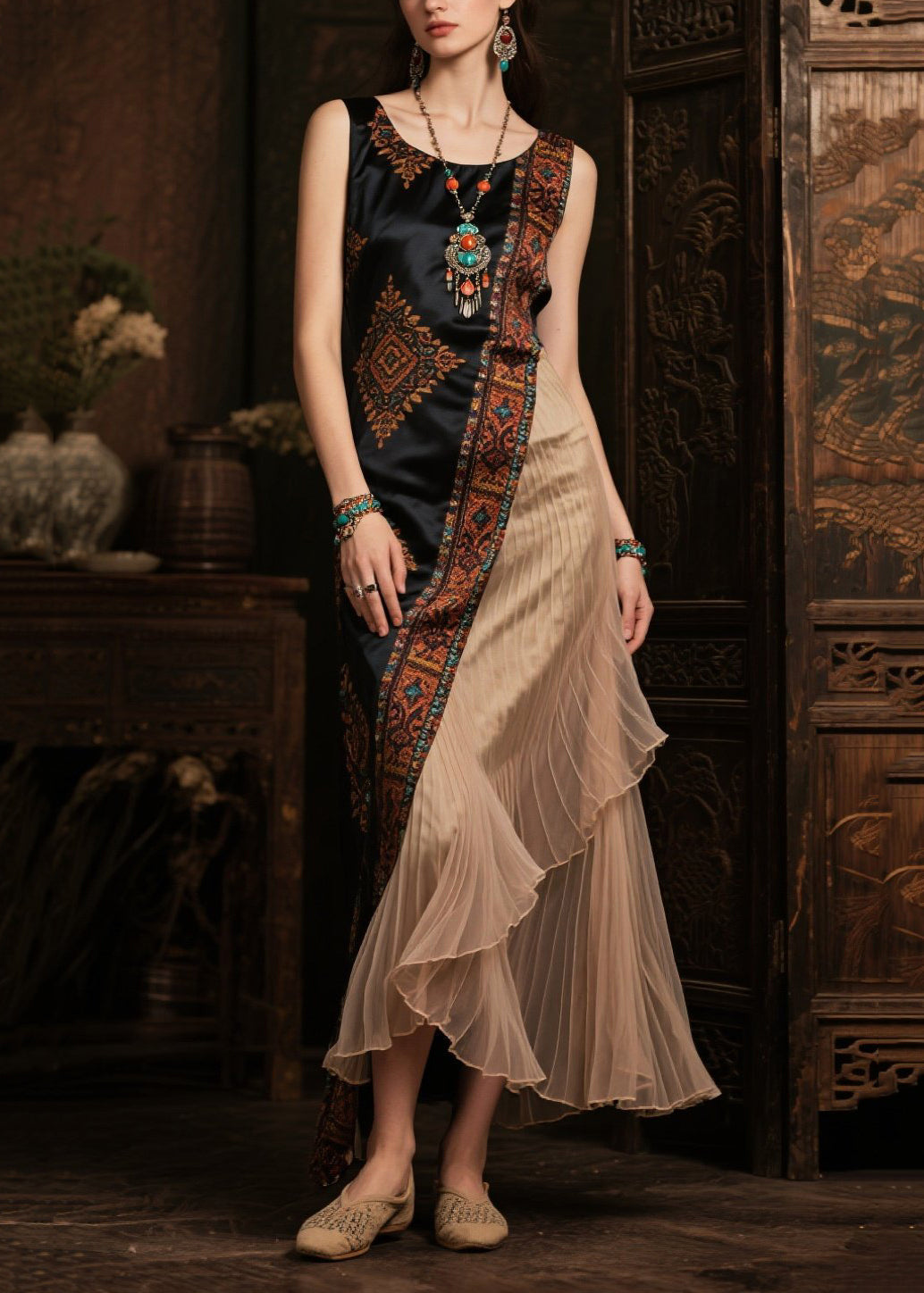 Modern Black Asymmetrical Patchwork Print Silk Robe Dresses Sleeveless