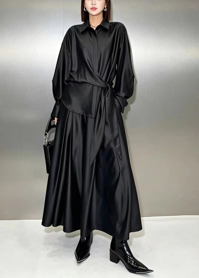 Modern Black Asymmetrical Tie Waist Shirt And Culottes Two Piece Set Fall