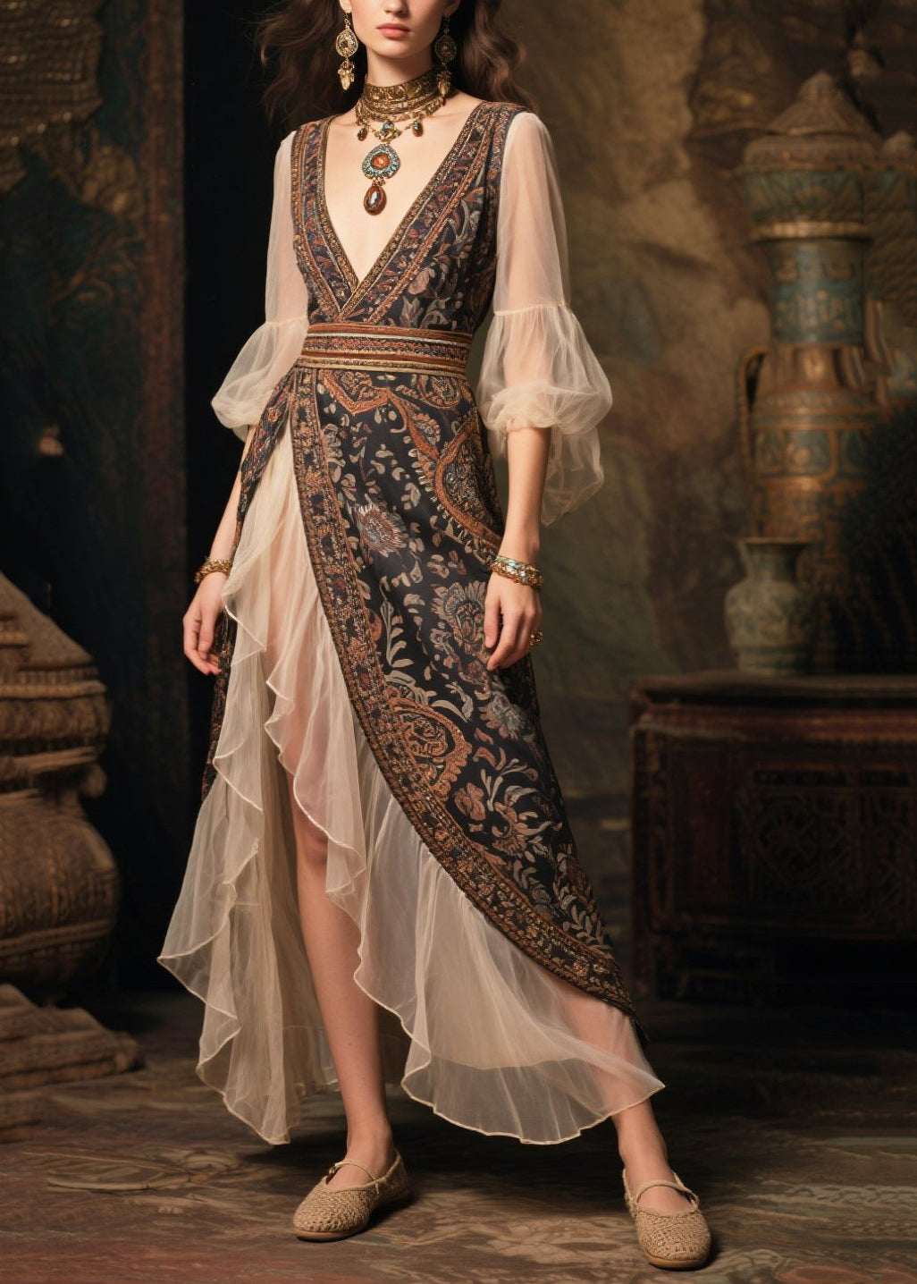 Modern Black Cinched Patchwork Chiffon Ankle Dress Summer