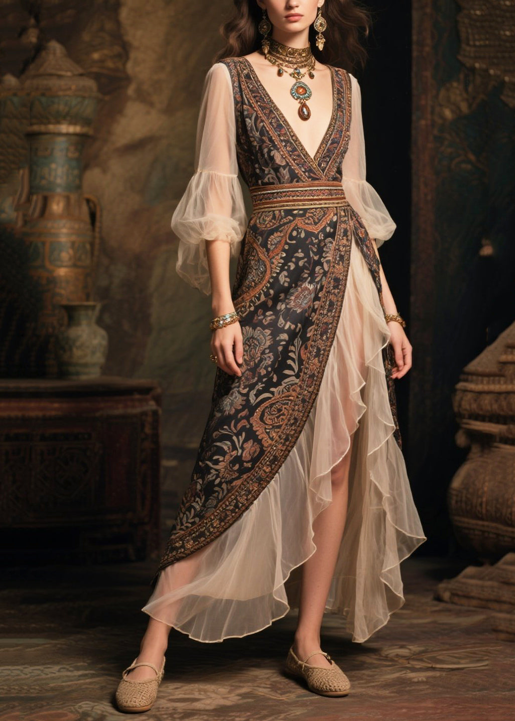 Modern Black Cinched Patchwork Chiffon Ankle Dress Summer