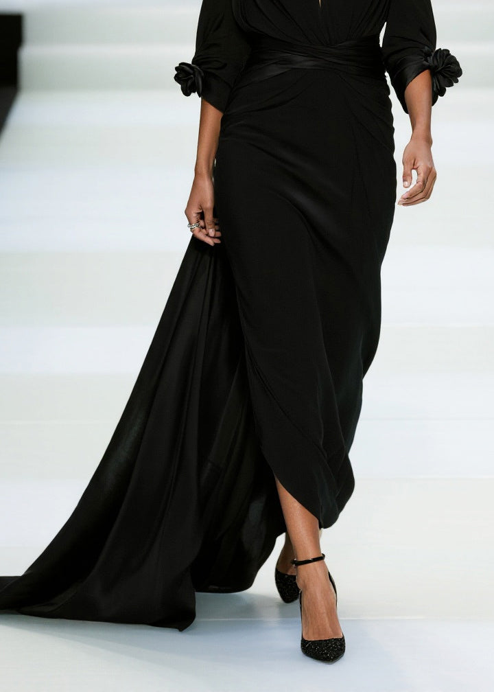 Modern Black Cold Shoulder Floral Decorated Chiffon Vestidos Dress Summer