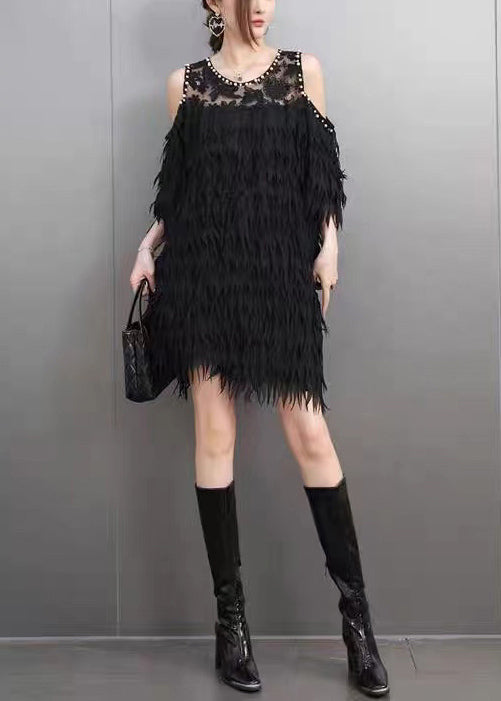 Modern Black Cold Shoulder Patchwork Eyelash Mini Dresses Summer