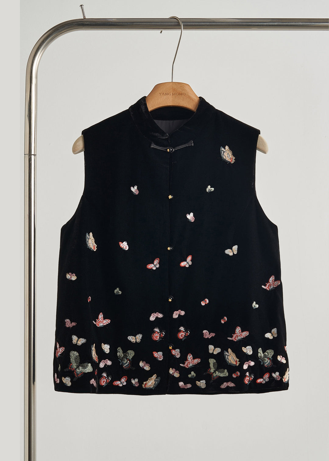 Modern Black Embroidered Butterfly Silk Velvet Vest Fall