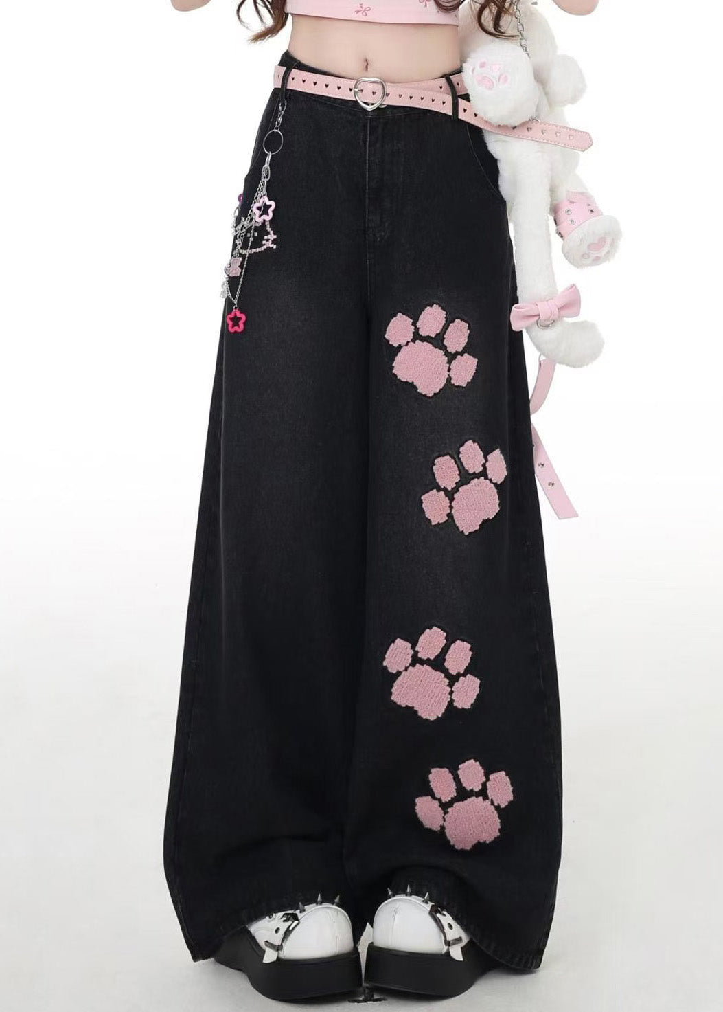 Modern Black Embroidered Pockets High Waist Denim Wide Leg Pants Fall