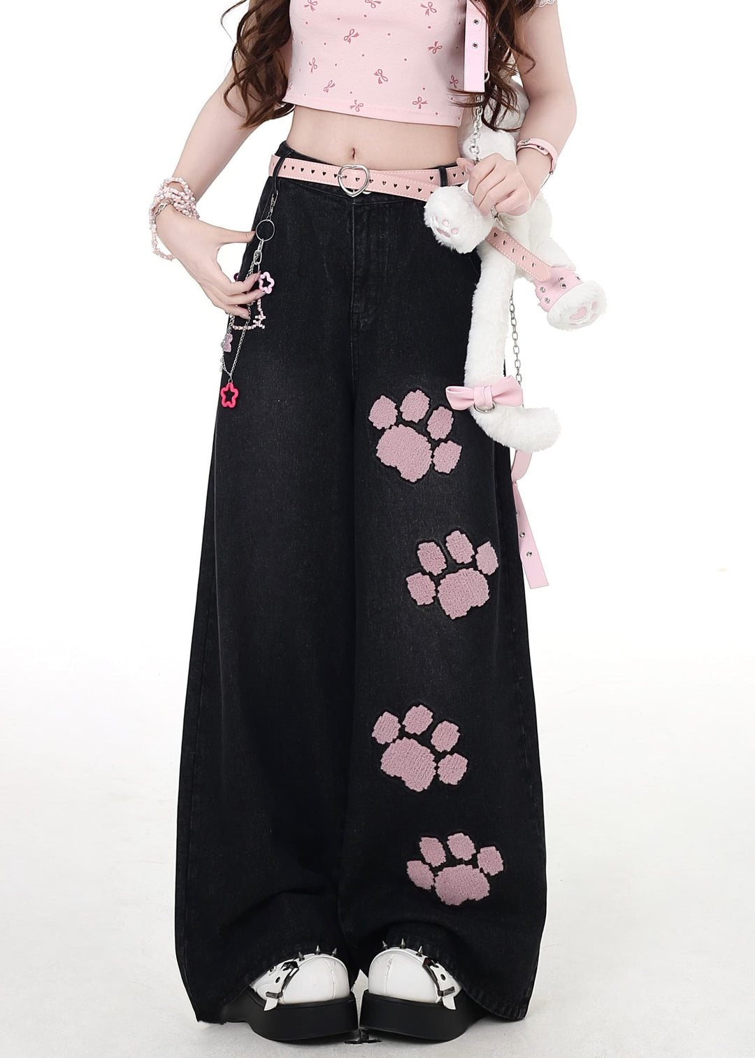Modern Black Embroidered Pockets High Waist Denim Wide Leg Pants Fall