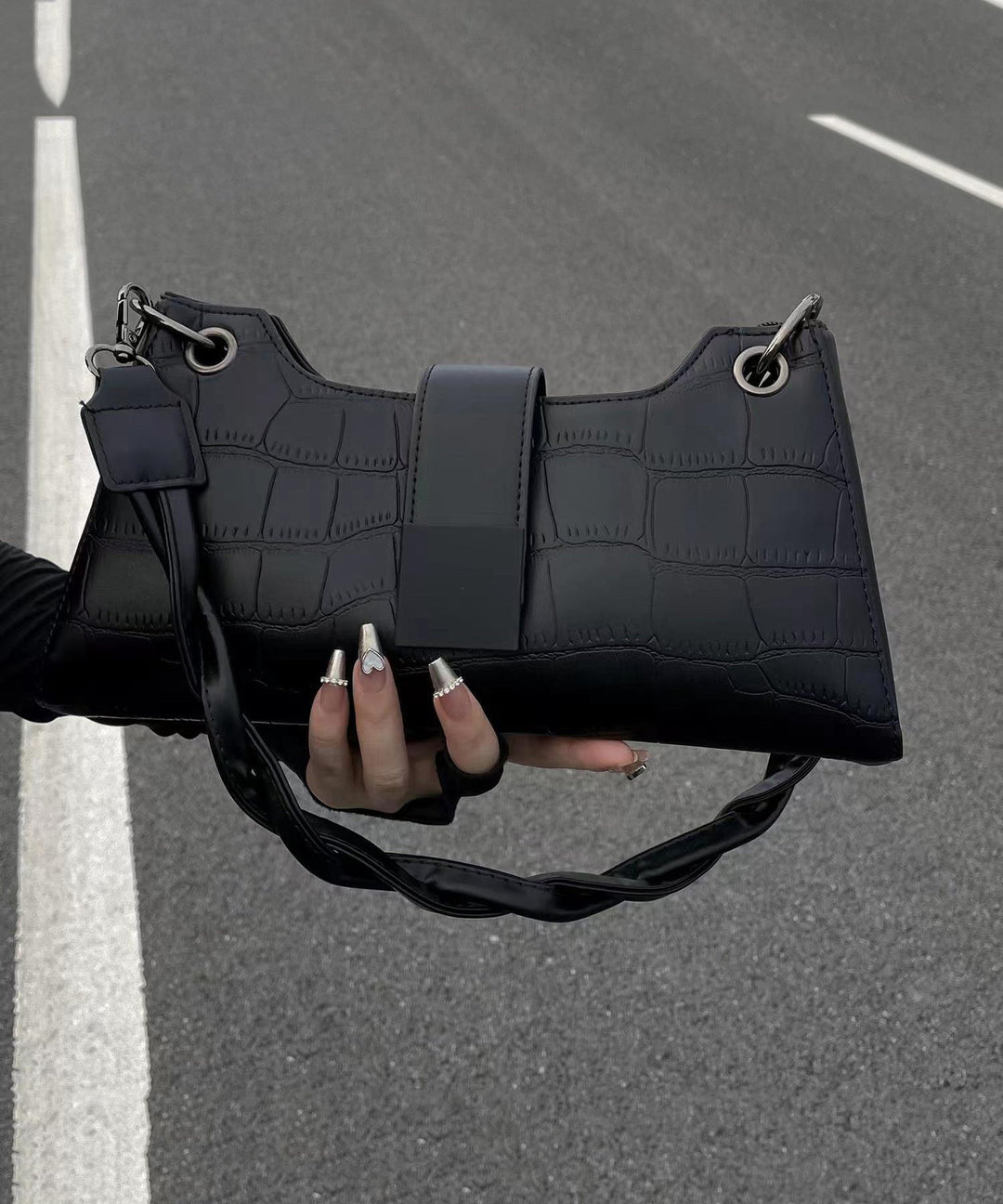 Modern Black Faux Leather Satchel Bag Handbag