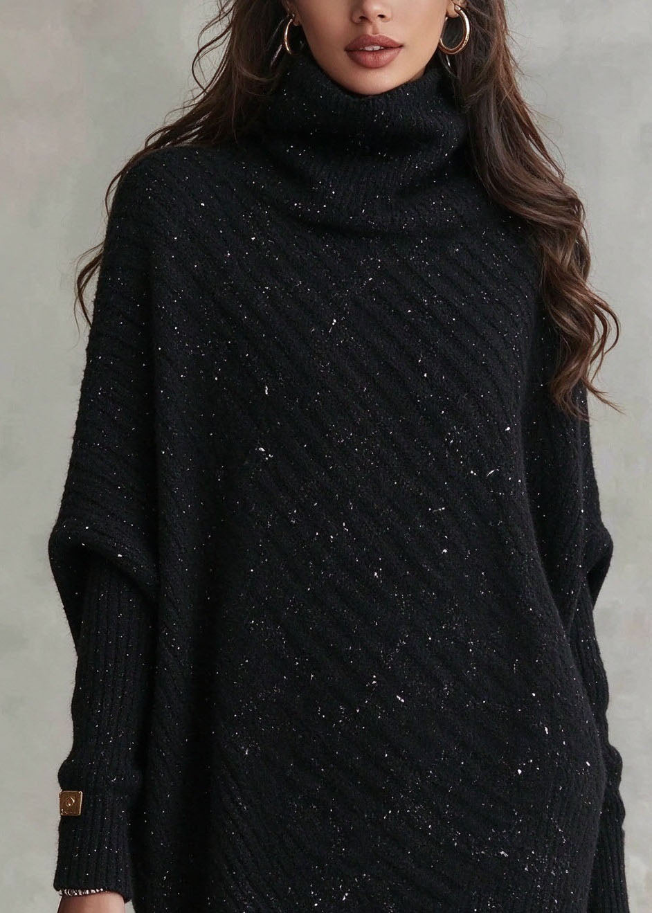 Modern Black Hign Neck Thick Patchwork Knit Sweater Fall