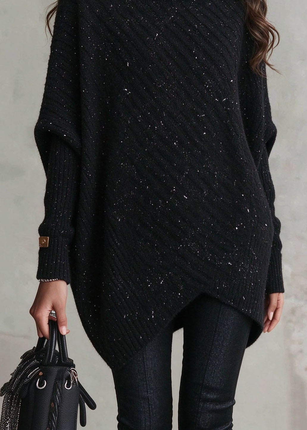 Modern Black Hign Neck Thick Patchwork Knit Sweater Fall