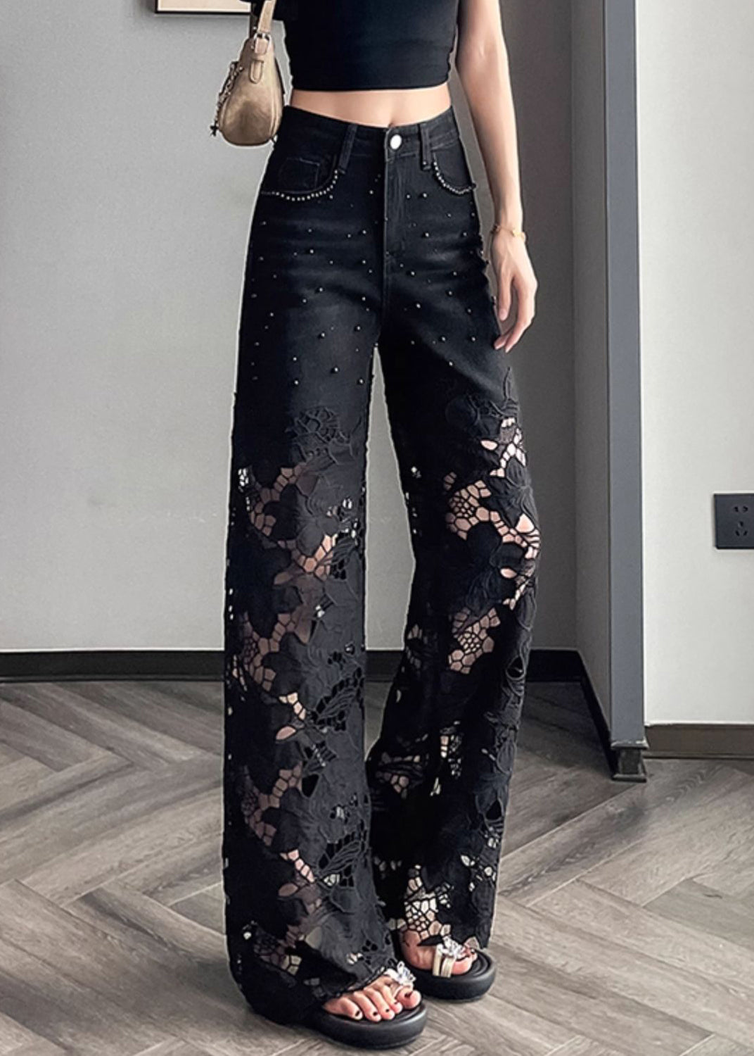 Modern Black Hollow Out Nail Bead Denim Pants Summer