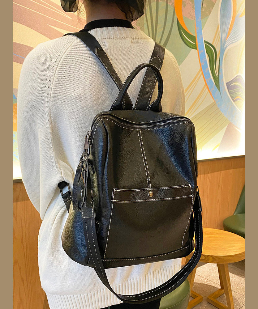 Modern Black Large Capacity Calf Leather Backpack Bag