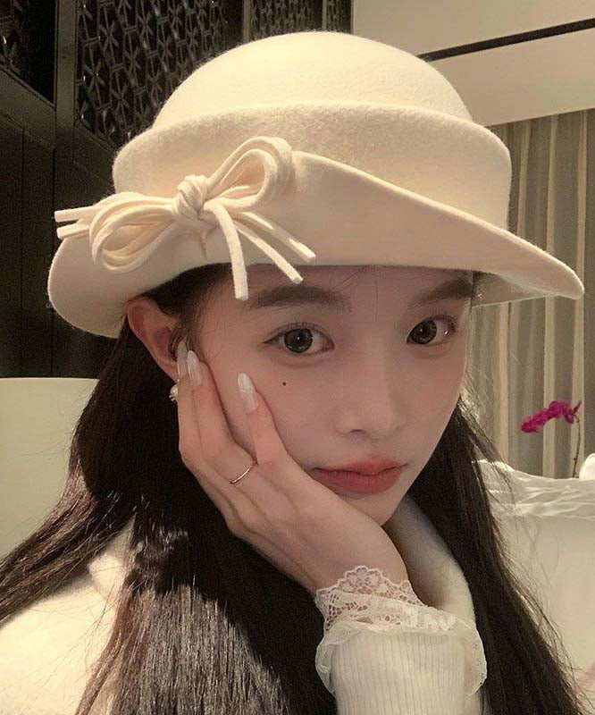 Modern Black Nail Bead Bow Woolen Bucket Hat